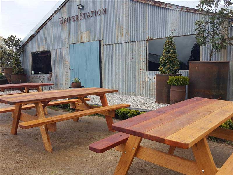 Hardwood picnic tables at Heifer Station Wines, Orange NSW