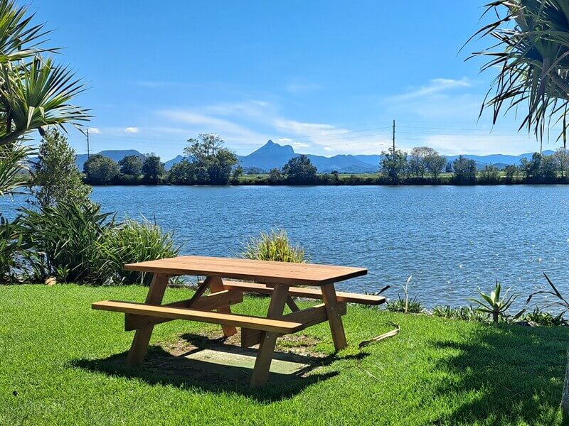 Commercial hardwood picnic table overlooking Mount Warning NSW