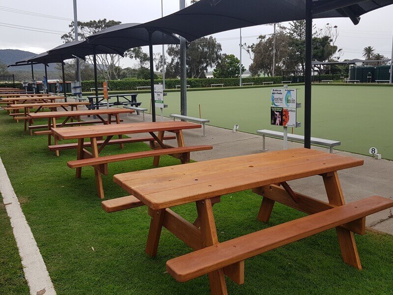 Picnic tables at a Sydney bowling club
